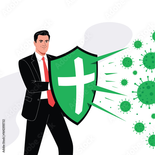 Businessman defending against viral attack with shield