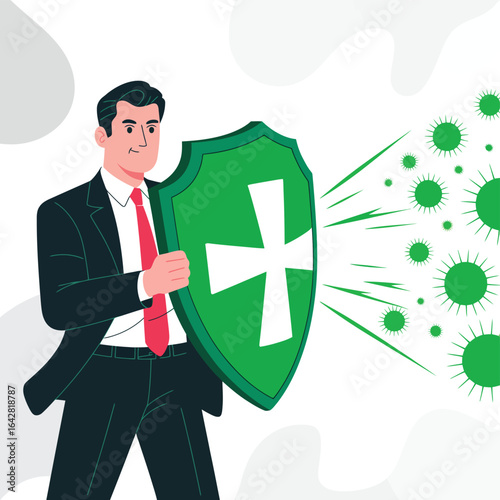 Businessman defending against virus with a shield