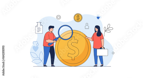 Analyzing Financial Opportunities Through Detailed Examination with Magnifying Glass Over Large Coin