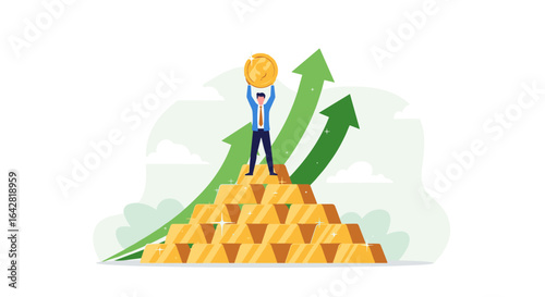 Successful businessman celebrates financial growth standing on a pyramid of gold bars with upward trending arrows symbolizing prosperity and investment returns