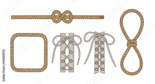 Illustration of various knots and rope crafts including decorative binding techniques and secure fastening methods