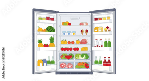 A Fully Stocked Open Refrigerator Full of Fresh Produce Dairy and Frozen Foods