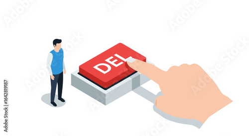 Man Hesitates Before Pressing Large Red Delete Button Representing Decision Making Process