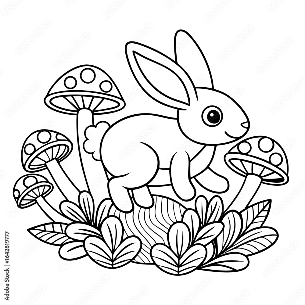 Fototapeta premium Cute Bunny Hopping Over Mushrooms Coloring Sheet