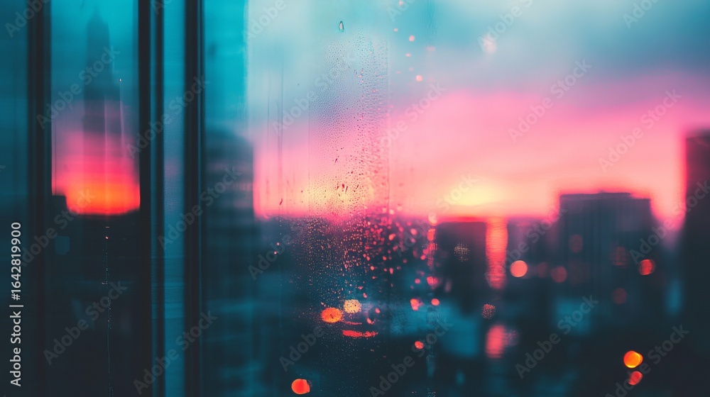 Fototapeta premium City sunset viewed through rain-streaked glass