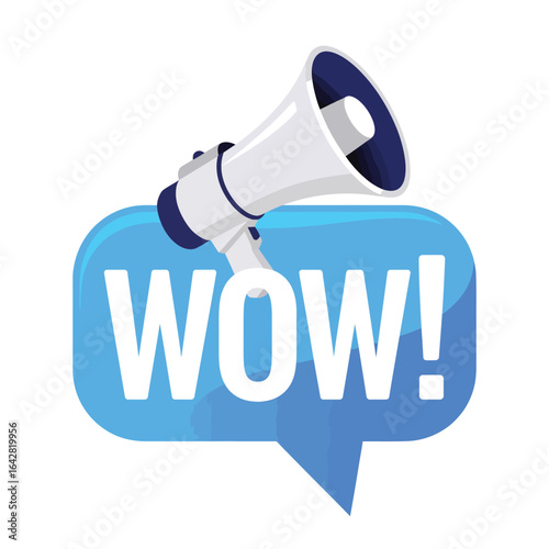 Megaphone announcing the word wow on a blue speech bubble