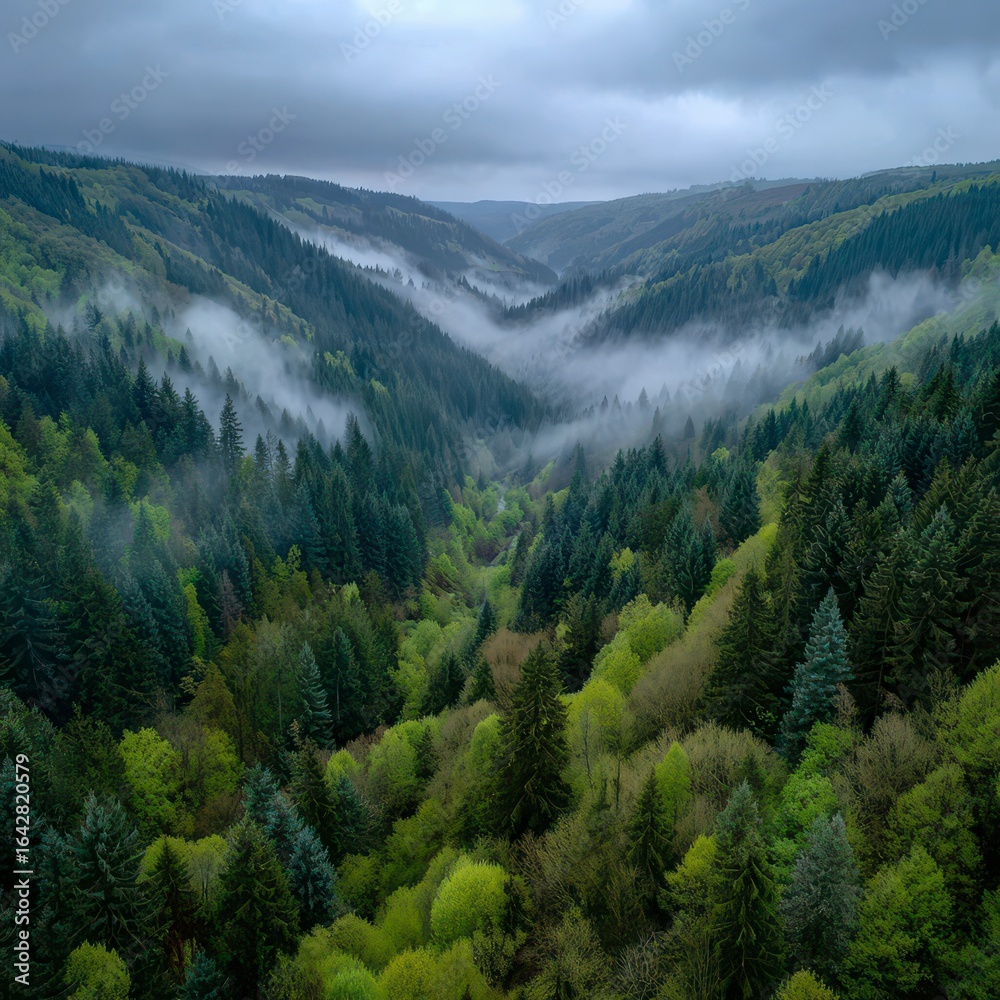 Fototapeta premium Misty valley, lush forests