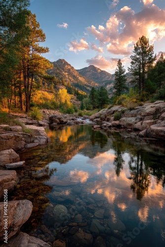 Peaceful mountain stream reflecting a golden sky