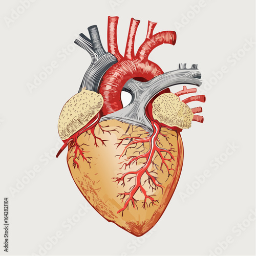 A retro vector anatomy chart of the human heart with labelled arteries and chambers.