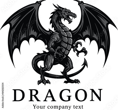 Gray and Black Dragon Logo, Mythical Creature Vector Design, Powerful Fantasy Emblem, Majestic Monster Icon, Company Branding Identity Template.