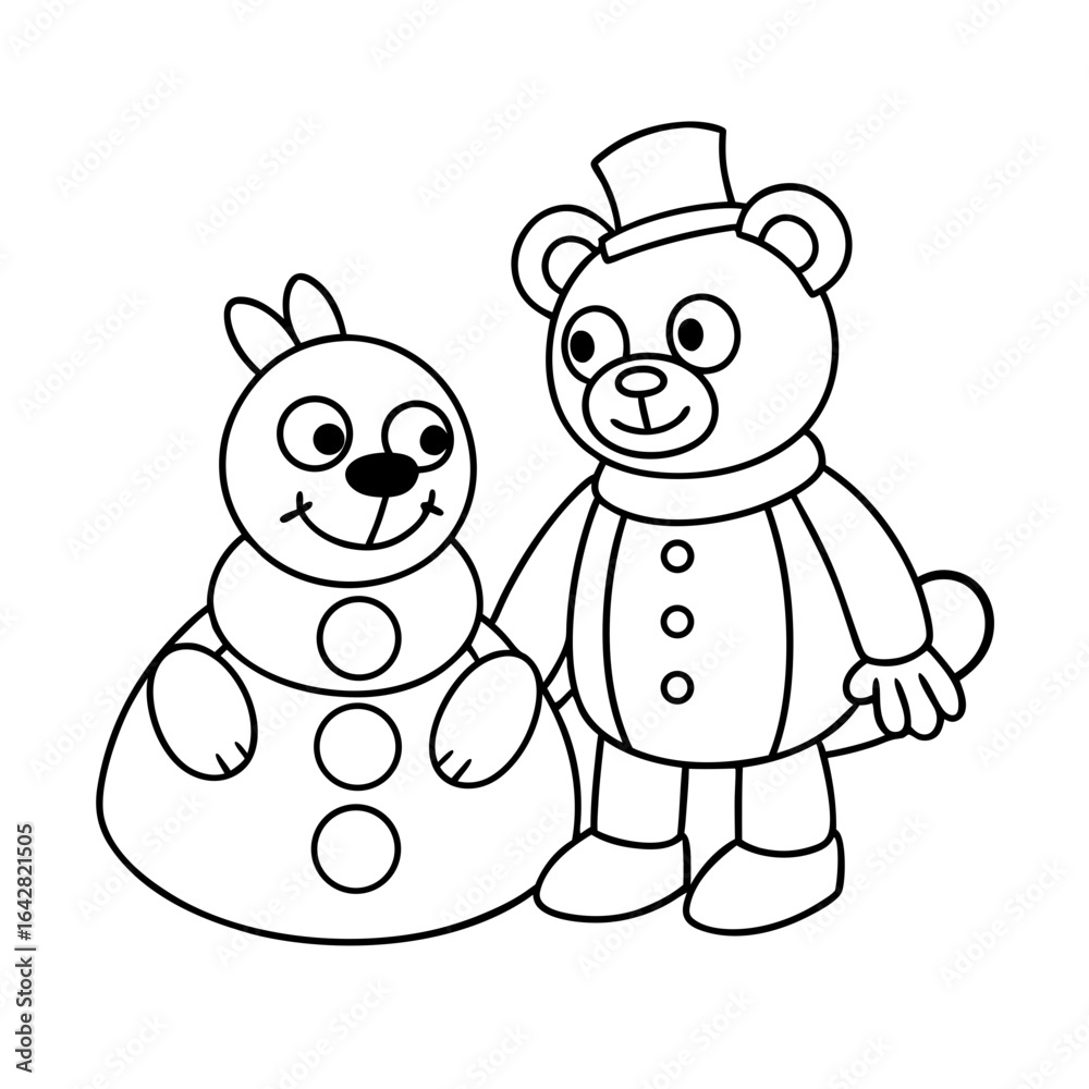 Obraz premium black outline printable bear building a snowman