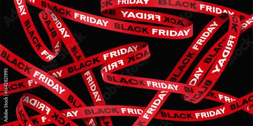 Black Friday Sale banner concept. Abstract banner with red atlas ribbons with Black Friday lettering. Promo background for Black Friday sale, advertising, discount offer, social media decoration.