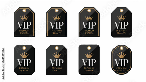 Collection of black vip tags with gold crown emblem and text