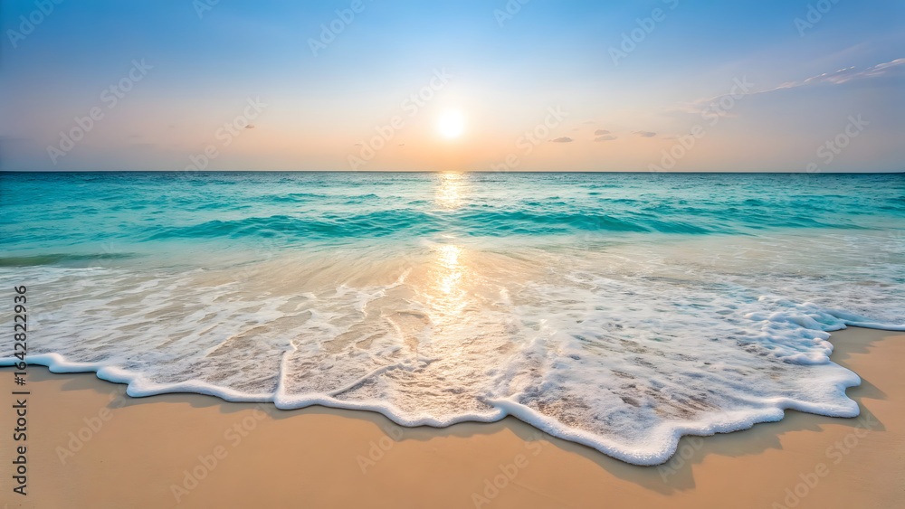 Fototapeta premium Ocean wave approaching sandy beach on a sunny day for vacation