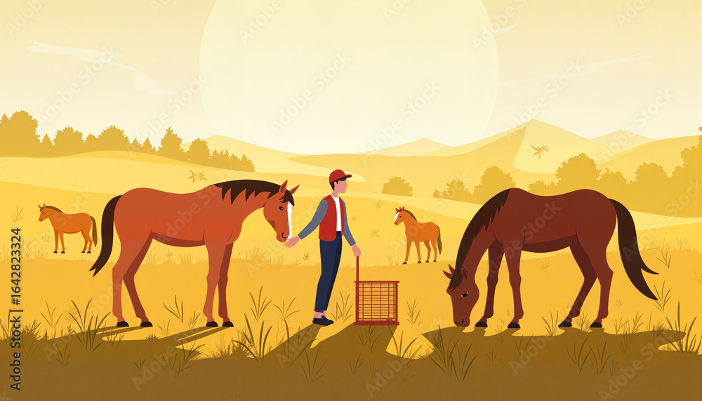 Fototapeta premium Paddock worker feeding horses in golden autumn light, seasonal care