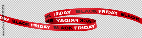 Satin ribbon with Black Friday lettering. Abstract red atlas ribbon with Black Friday lettering. Realistic ribbon for decoration of Black Friday sale, advertising, discount offer, social media.
