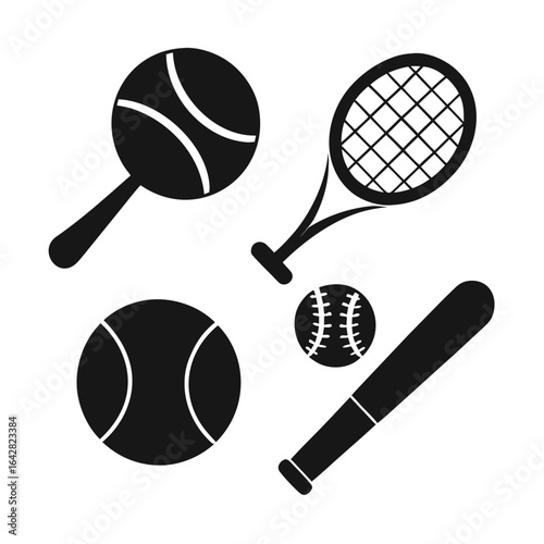 Collection of sports equipment icons including tennis racquet baseball bat and balls silhouette isolated on white background