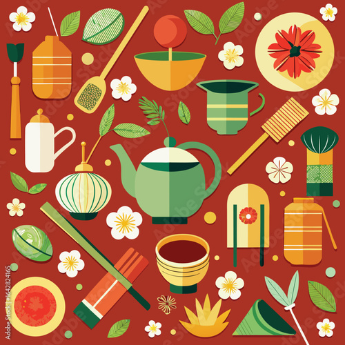 Japanese tea ceremony tools pattern traditional ritual objects vector