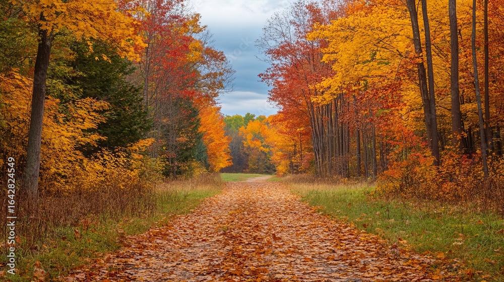 Fototapeta premium Autumnal forest path lined with vibrant fall foliage (1)