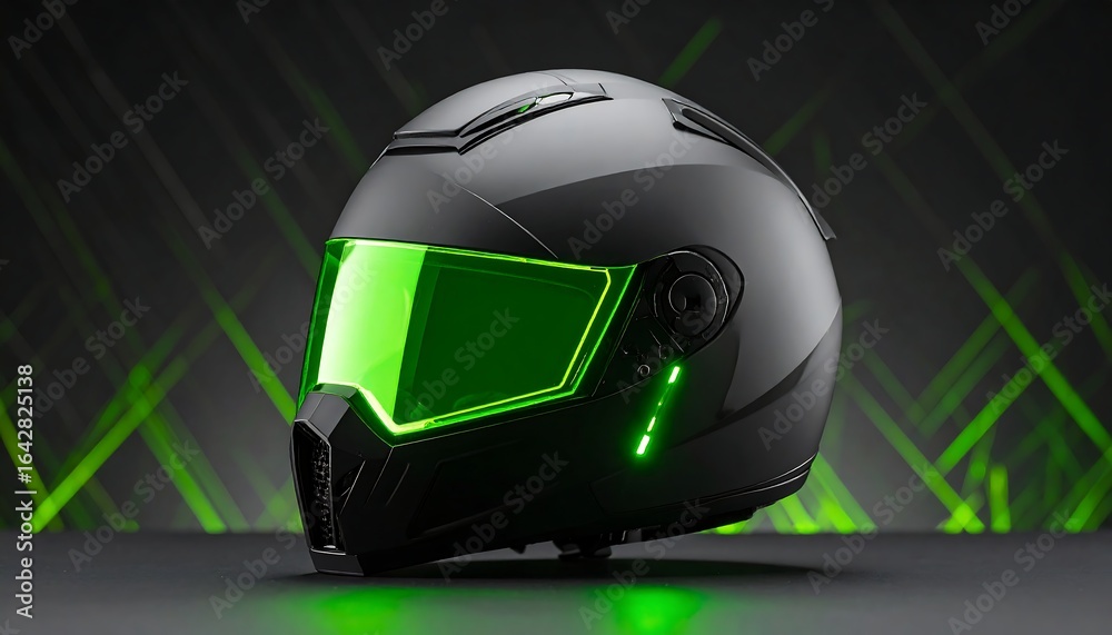 Obraz premium Sleek, dark helmet with a glowing green visor, shown against a dark green geometric background
