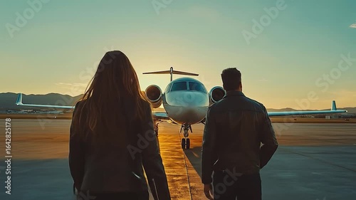 Couple awaits private jet sunset.