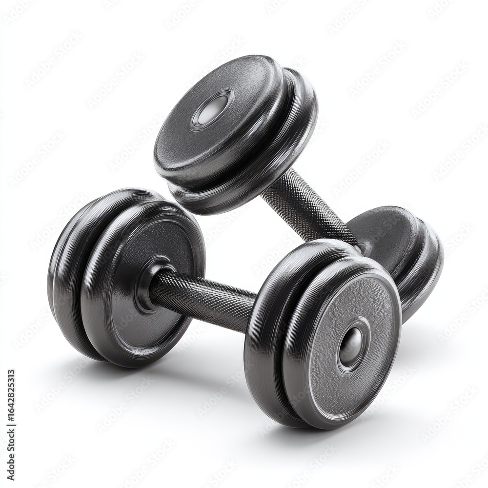 Naklejka premium Two black metal dumbbells, stacked, on white background