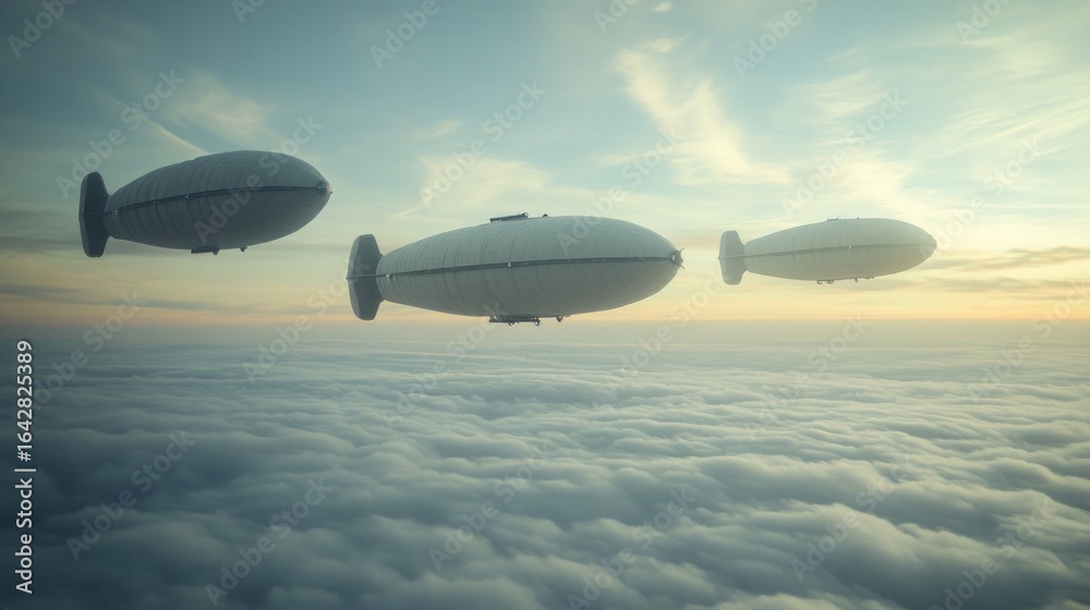 Naklejka premium Vintage Airships Ascending Above a Sea of Clouds at Dawn or Dusk Scenery