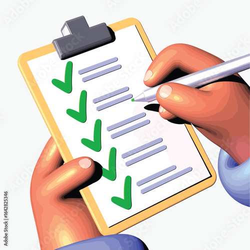Person completing a checklist with green checkmarks on a clipboard