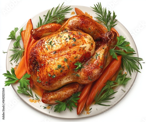 Roasted chicken with carrots and herbs on a plate (5)