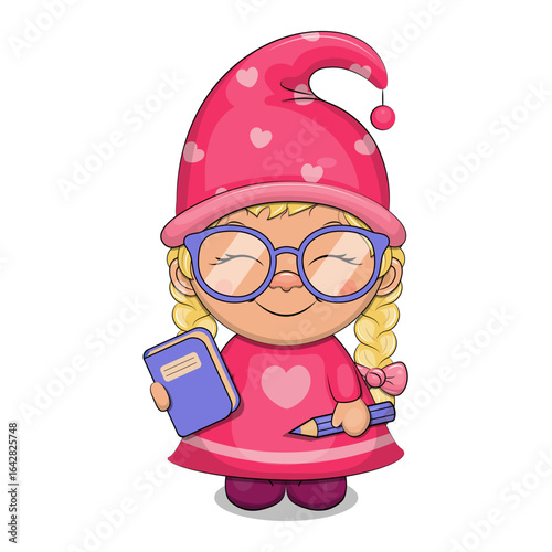 Cute Cartoon Gnome girl with Purple Glasses, Pencil and Book. Back to School Vector Illustration with a dwarf woman on a white background.