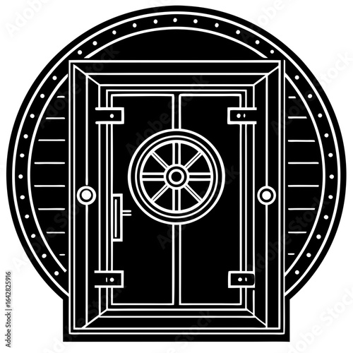 Stylized black and white illustration of a secure vault door with a circular handle, representing safety and finance, isolated on white background