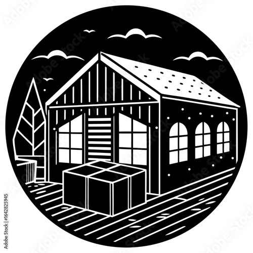A black and white illustration of a building with a large box in front of it, set against a black circular background