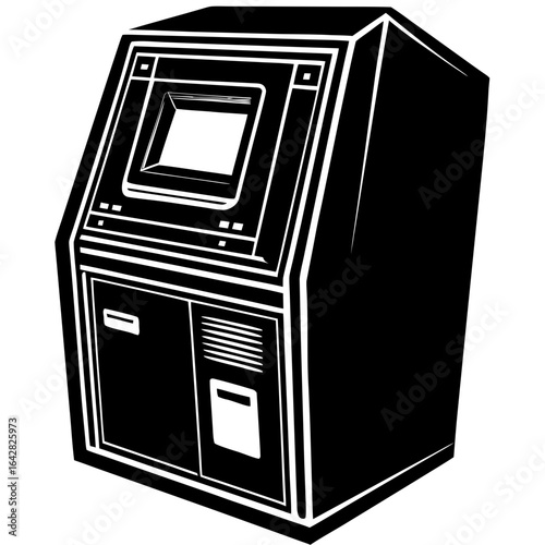 Black and white illustration of an atm machine, a selfservice terminal for financial transactions, isolated on white background
