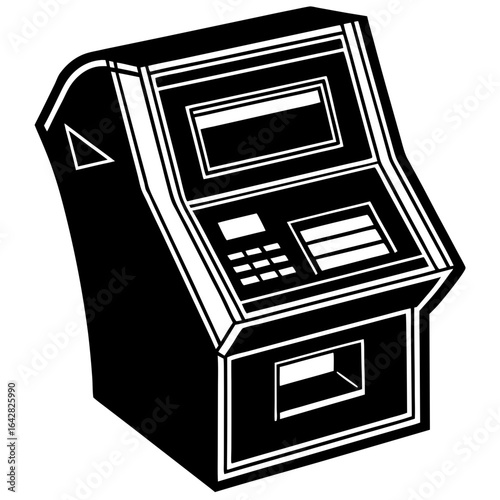Black and white illustration of an atm machine, a selfservice terminal for financial transactions, isolated on white background
