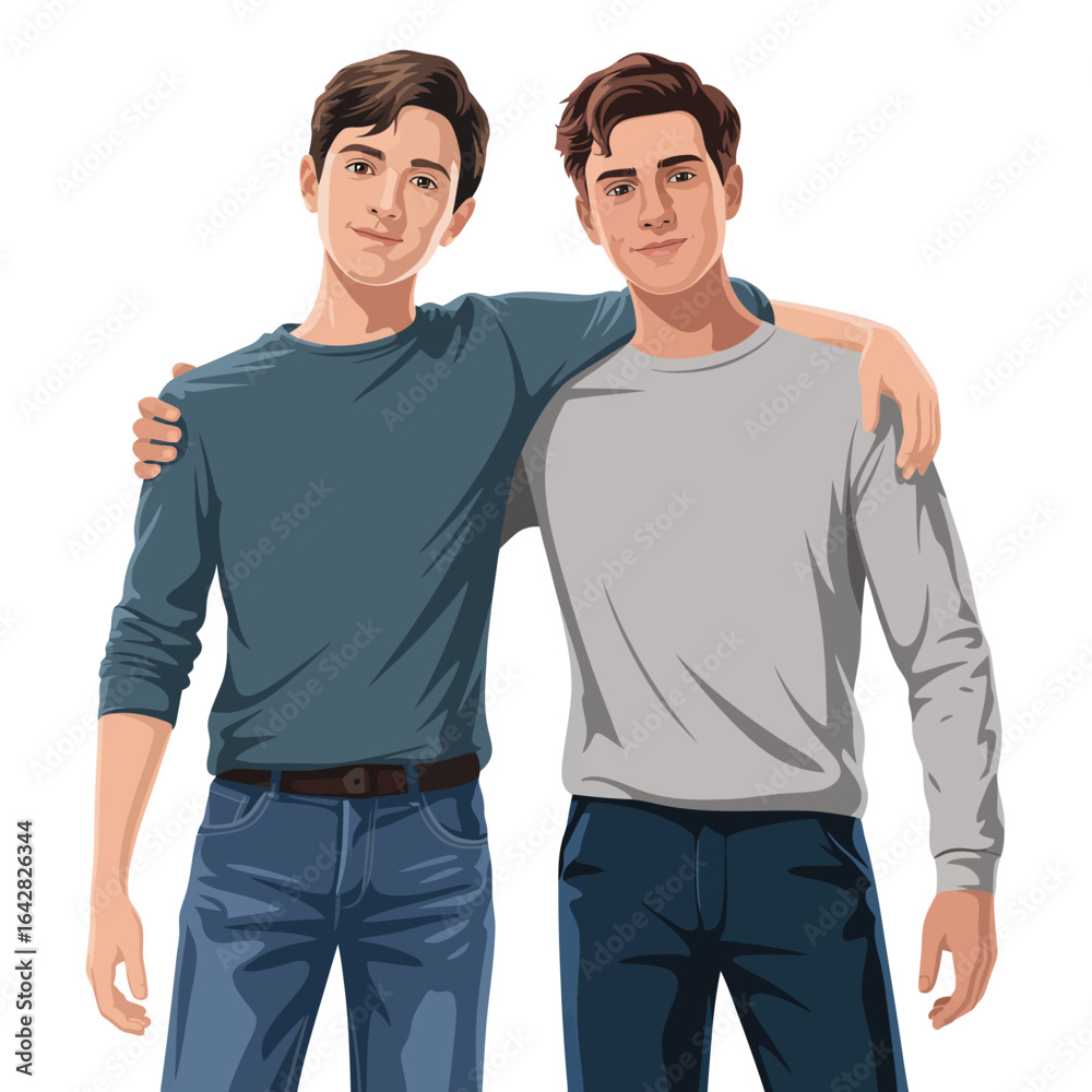 Two young men friends with arms around each other smiling Two young men friends with arms around each other smiling