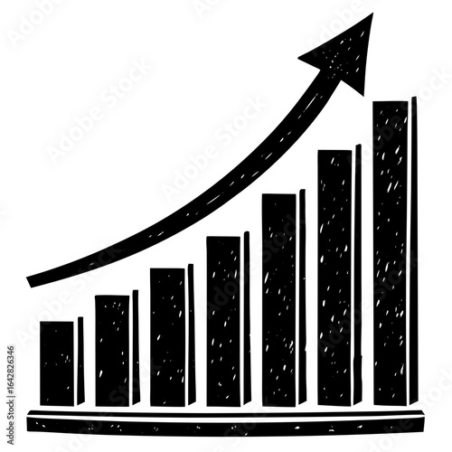 Handdrawn black and white illustration of a bar chart with a curved upward trending arrow, symbolizing business growth and financial success