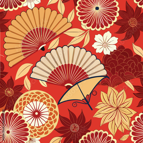 Paper fans and chrysanthemum floral pattern vector