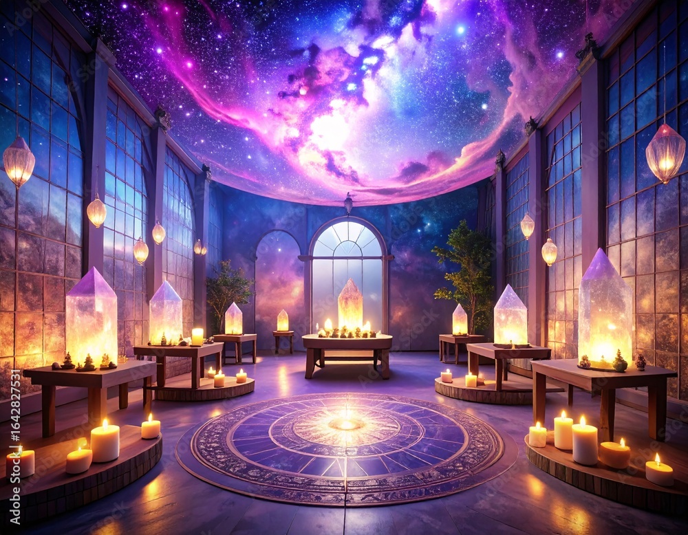 Obraz premium Meditation Hall — Glowing Amethyst Energy Towers, Candlelight, and Nebula Sky Dome in a Cosmic Spiritual Sanctuary