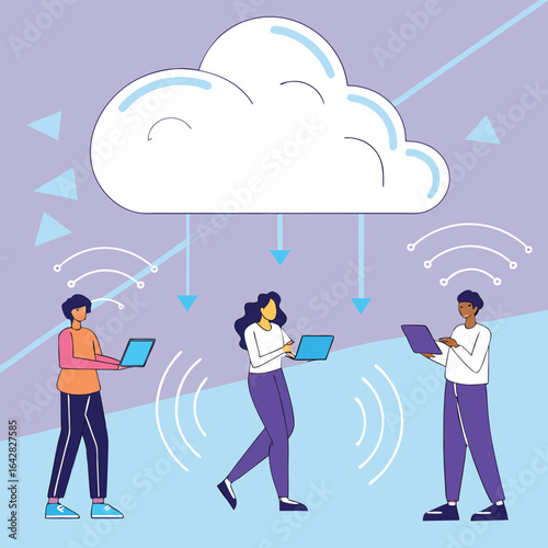 Team connecting to cloud for innovative tech solutions and data access using laptops for remote work