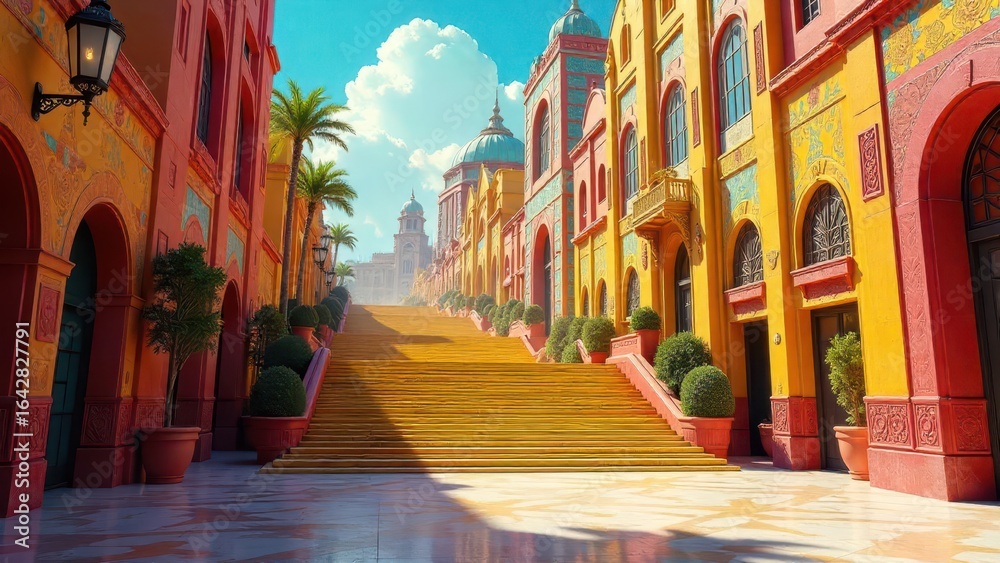Fototapeta premium Vibrant Architectural Vista Featuring a Grand Yellow Staircase Ascending Between Colorful Buildings, Lush Greenery, and a Sunny Sky