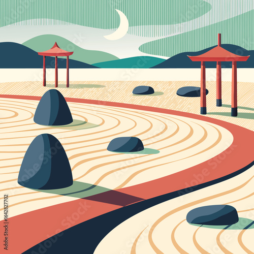 Raked sand lines stone garden pagodas crescent moon landscape vector