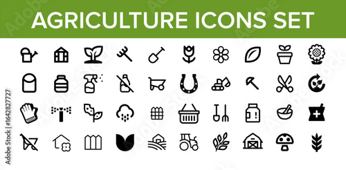 Agriculture and Farming set of web icons in line style. Gardening and Planting icons. Tractor, crops, plants, watering can, tools.