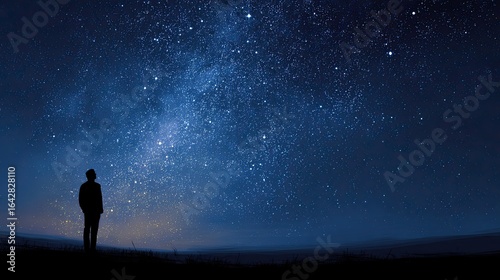 Silhouette of a person gazing at a vast night sky filled with stars and the Milky Way