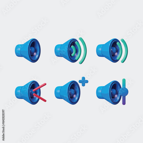 Set of blue speaker icons with different sound wave and volume adjustments