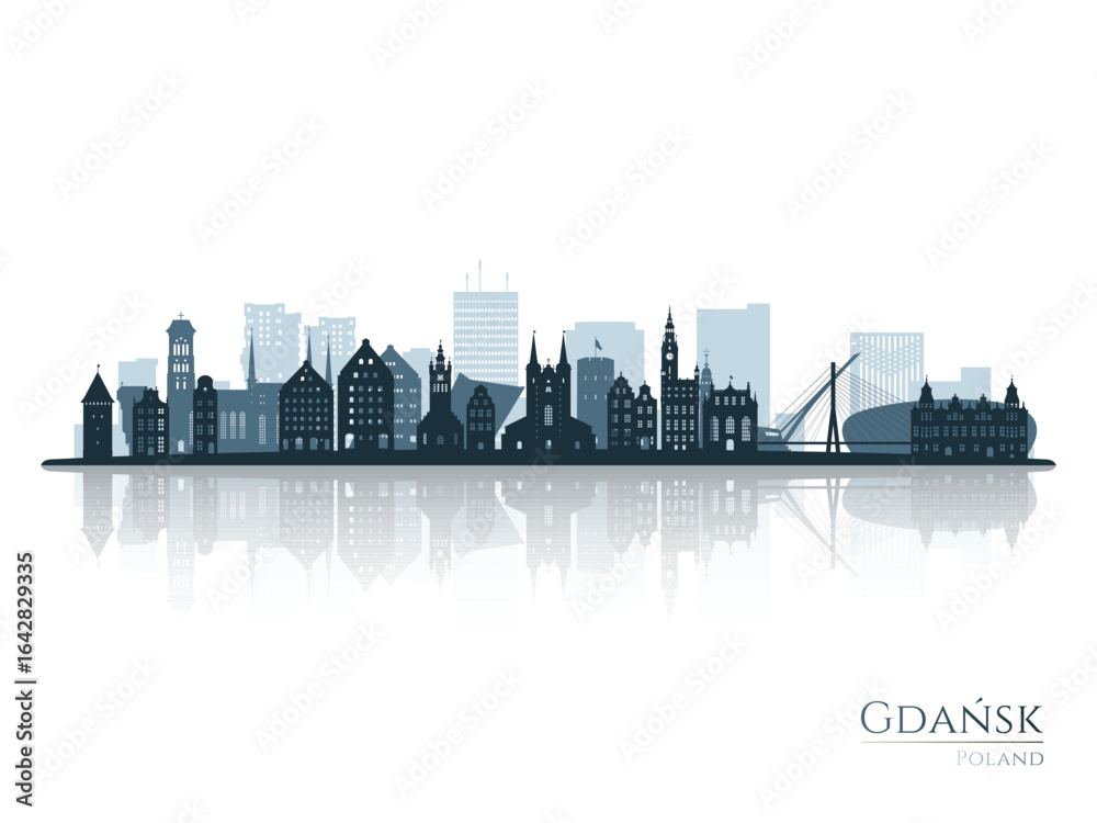 Fototapeta premium Gdansk skyline silhouette with reflection. Landscape Gdansk, Poland. Vector illustration.