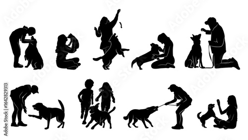 Silhouettes of people interacting with dogs in various activities, including playing, training, and showing affection.