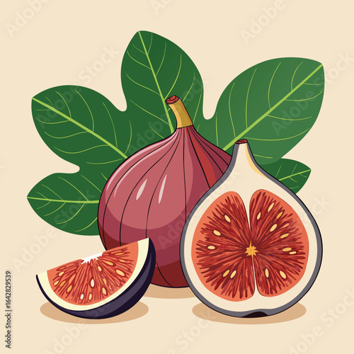 Ripe purple figs whole halved sliced with green leaves fruit