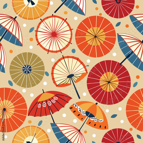 Traditional japanese paper umbrellas with geometric patterns and floral motifs vector