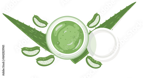 Aloe Vera Infusion: Freshly sliced aloe vera leaves, a symbol of natural skincare, frame a pot of soothing gel, promoting beauty, and self-care. 
