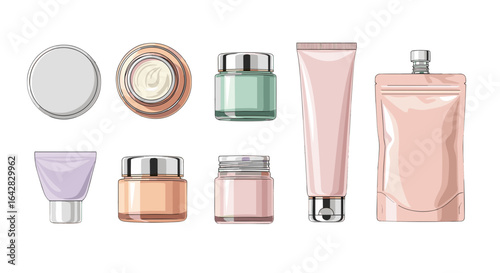 Skincare Product Assortment: An overhead perspective presents an array of sophisticated skincare items, each carefully crafted and packaged to highlight their premium quality and allure. 